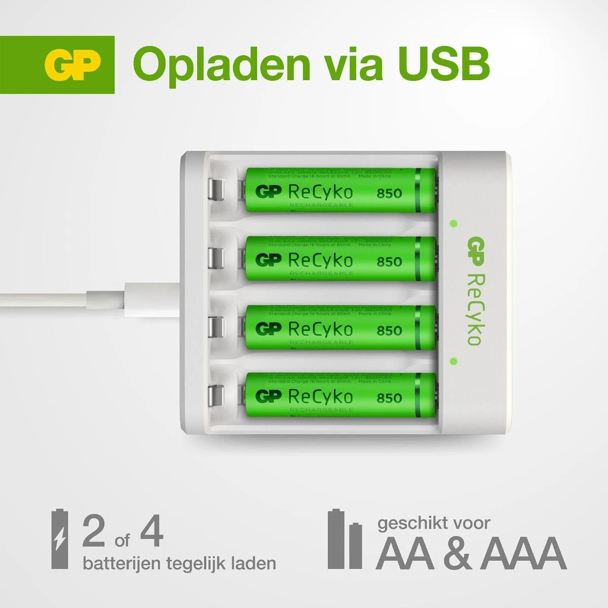 GP E411 PB411 + 4 X AAA Batterijlader + Batterijen - 850 MAh - 130E411USB85AAAHC4 7 GP E411 PB411 + 4 X AAA Batterijlader + Batterijen - 850 MAh - 130E411USB85AAAHC4 - Afbeelding 5